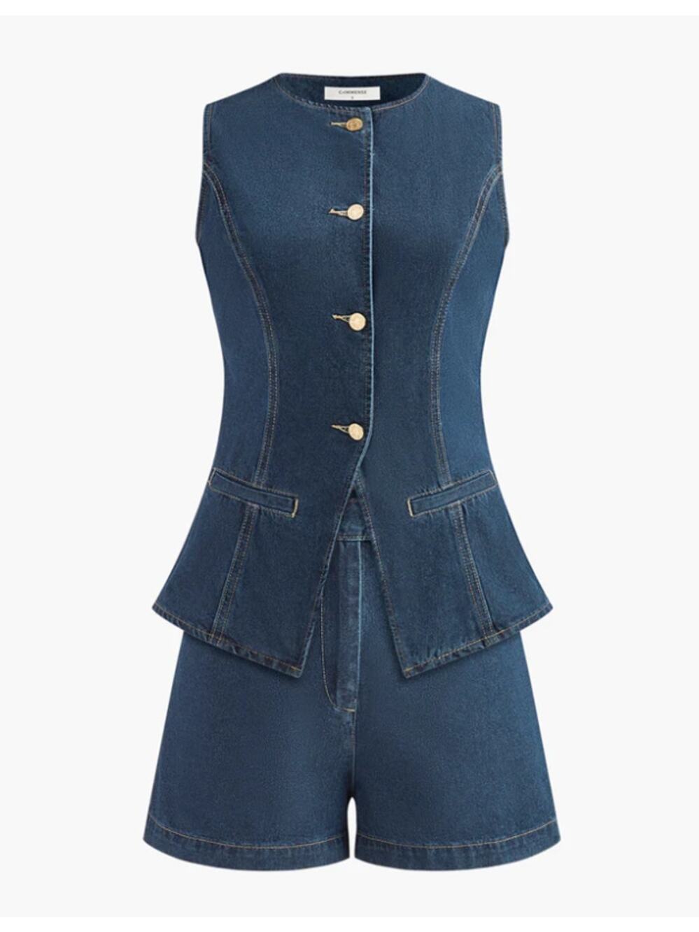 Commense Denim Peplum Vest & Shorts Set XL - Modern Parisian Chic